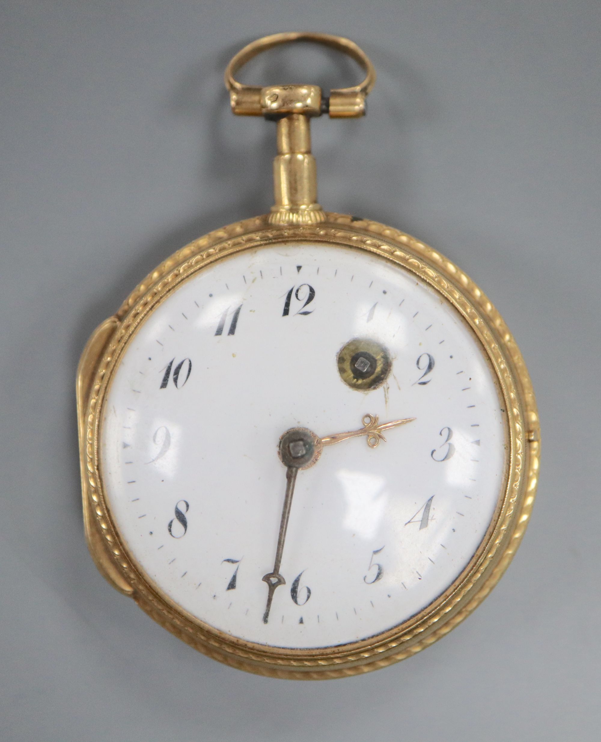 A 19th century French yellow metal open face keywind pocket watch by Guye le Jne? a Paris,